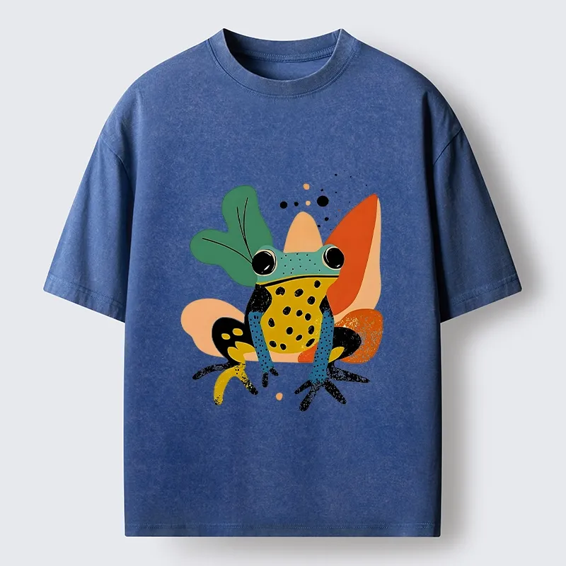 Tokyo-Tiger Vibrant Shapes Colorful Jungle Frog Tee Washed T-Shirt