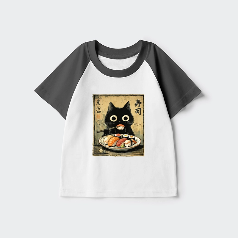 Tokyo-Tiger Vintage Japanese Sushi Cat Kids Raglan T-shirt