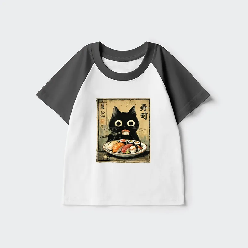 Tokyo-Tiger Vintage Japanese Sushi Cat Kids Raglan T-shirt