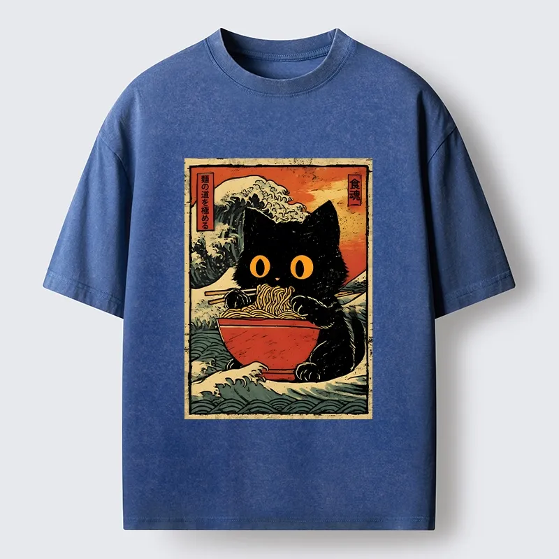 Tokyo-Tiger Cool Wave Art Cat Loves Ramen Bowl Washed T-Shirt