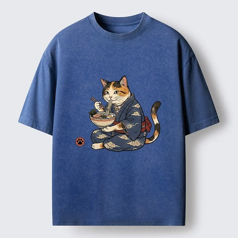 Tokyo-Tiger Traditional Japanese Cat Noodle Lover Washed T-Shirt