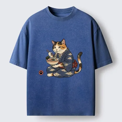 Tokyo-Tiger Traditional Japanese Cat Noodle Lover Washed T-Shirt