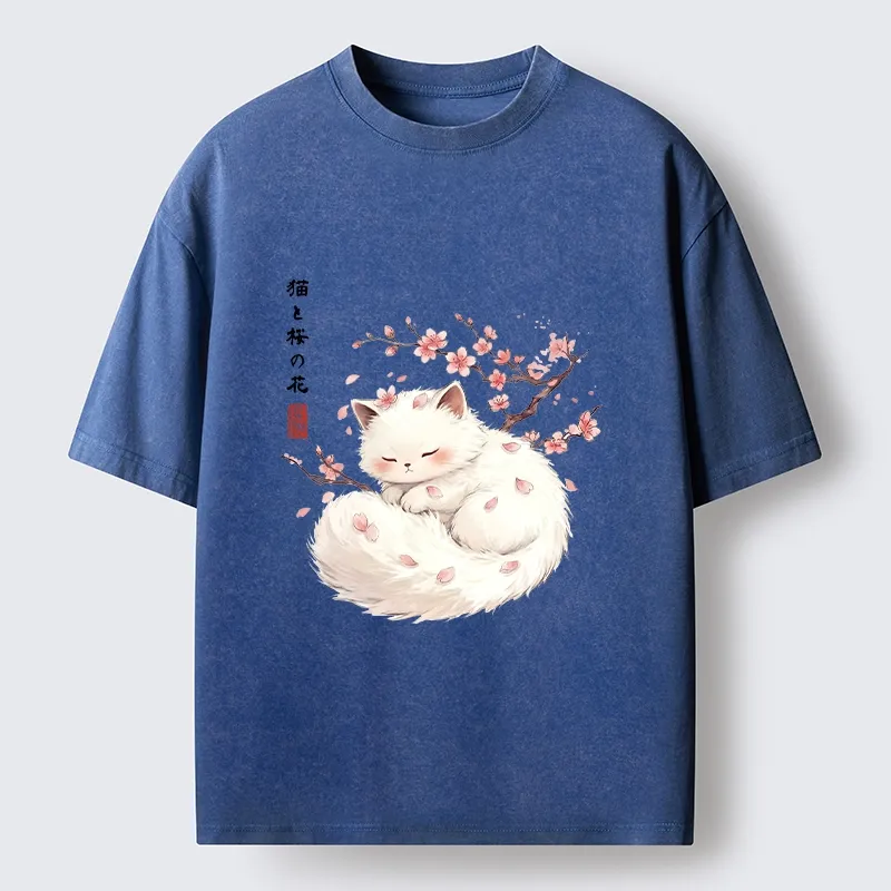 Tokyo-Tiger Soft Sakura White Cat Peaceful Sleep Washed T-Shirt