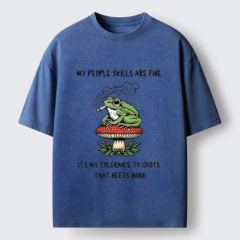 Tokyo-Tiger Relax Frog On Red Spotted Mushroom Washed T-Shirt