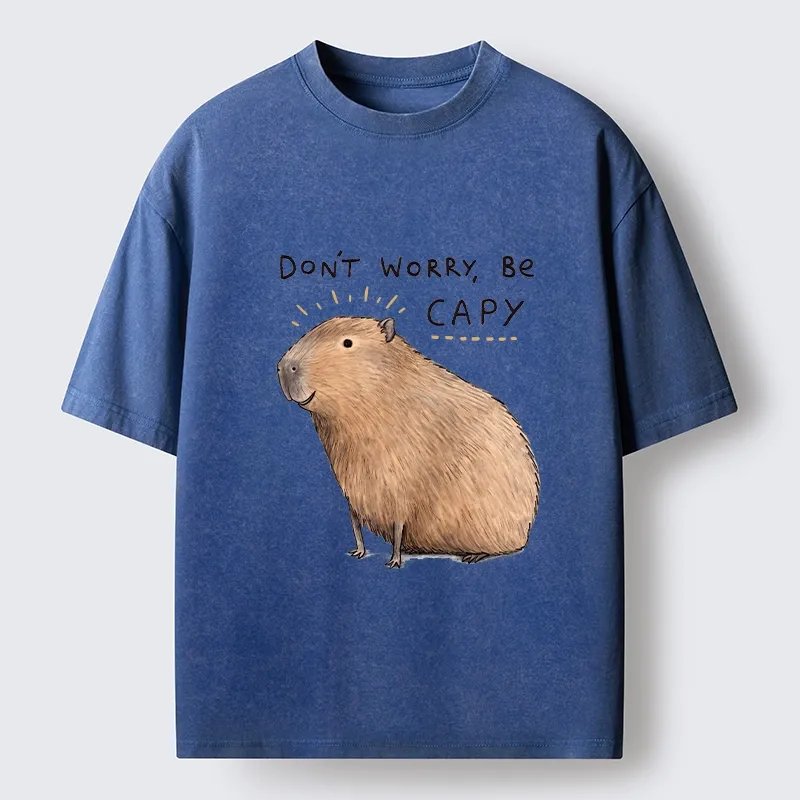 Tokyo-Tiger Calm Happy Capybara Relax Life Print Washed T-Shirt