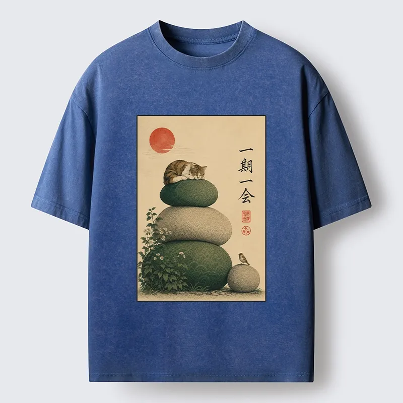 Tokyo-Tiger Peaceful Sleep Kitty Zen Garden Graphic Washed T-Shirt