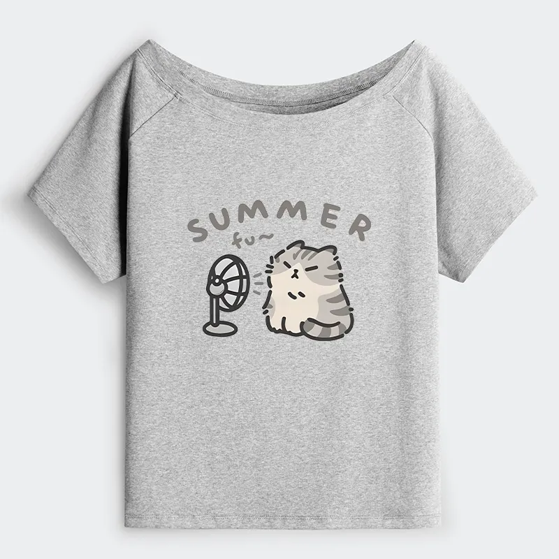 Tokyo-Tiger Summer Cat Chills With A Fan Off Shoulder T-Shirt Sale