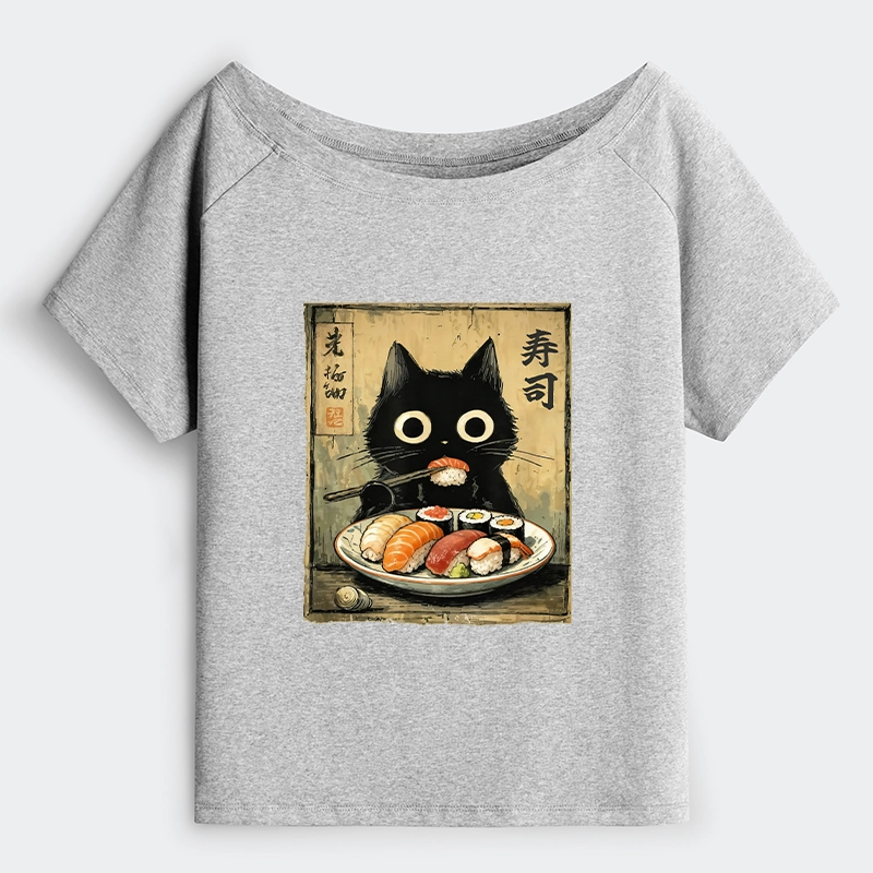 Tokyo-Tiger Vintage Japanese Sushi Cat Off Shoulder T-Shirt