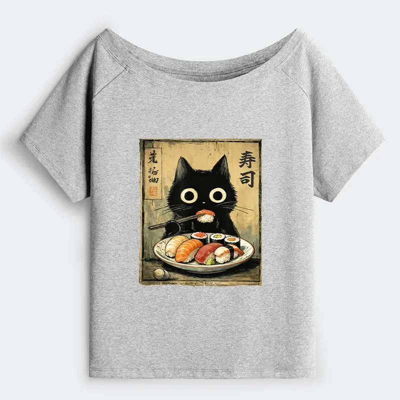 Tokyo-Tiger Vintage Japanese Sushi Cat Off Shoulder T-Shirt