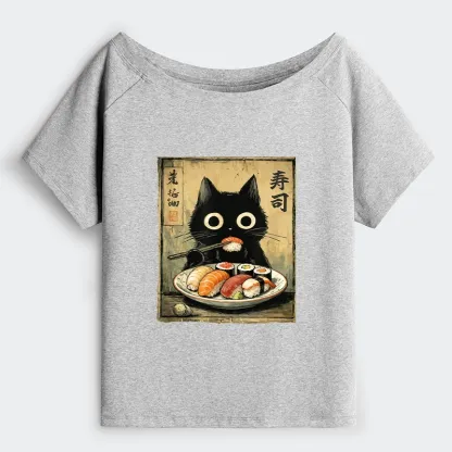 Tokyo-Tiger Vintage Japanese Sushi Cat Off Shoulder T-Shirt
