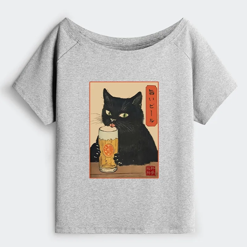 Tokyo-Tiger Cat Holding A Glass Of Beer Off Shoulder T-Shirt