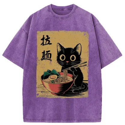 Tokyo-Tiger Retro Black Cat Eating Ramen Washed T-Shirt