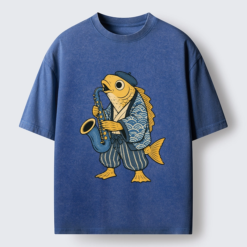 Tokyo-Tiger Jazz Sax Fish Vintage Japanese Ukiyo Art Washed T-Shirt