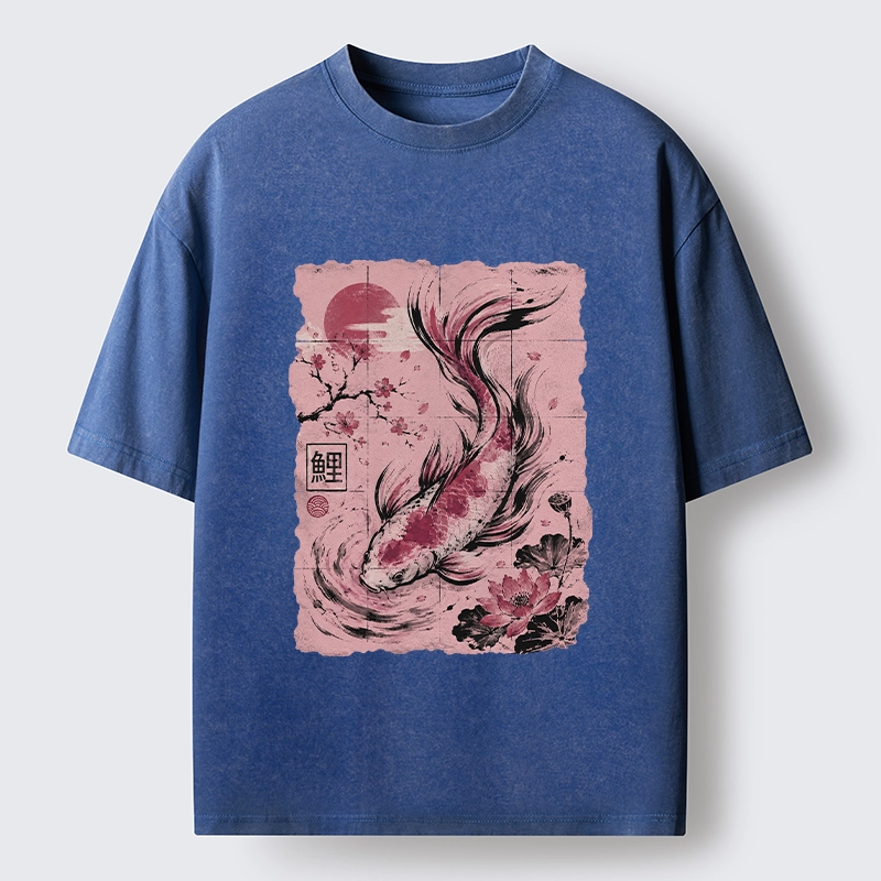 Tokyo-Tiger Sakura Lotus Koi Old Scroll Asian Tee Washed T-Shirt