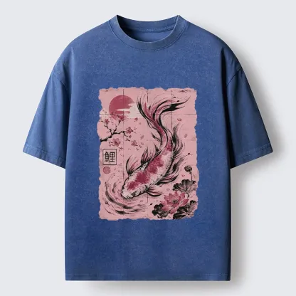 Tokyo-Tiger Sakura Lotus Koi Old Scroll Asian Tee Washed T-Shirt