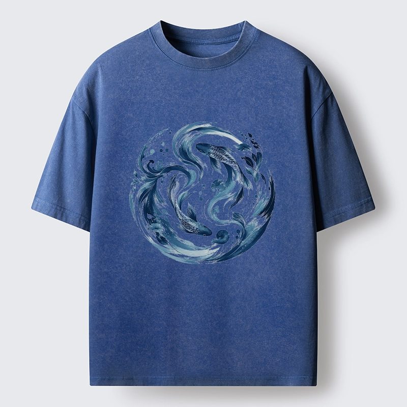 Tokyo-Tiger Monochrome Blue Yin Yang Fish Tee Washed T-Shirt