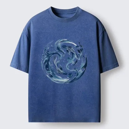 Tokyo-Tiger Monochrome Blue Yin Yang Fish Tee Washed T-Shirt