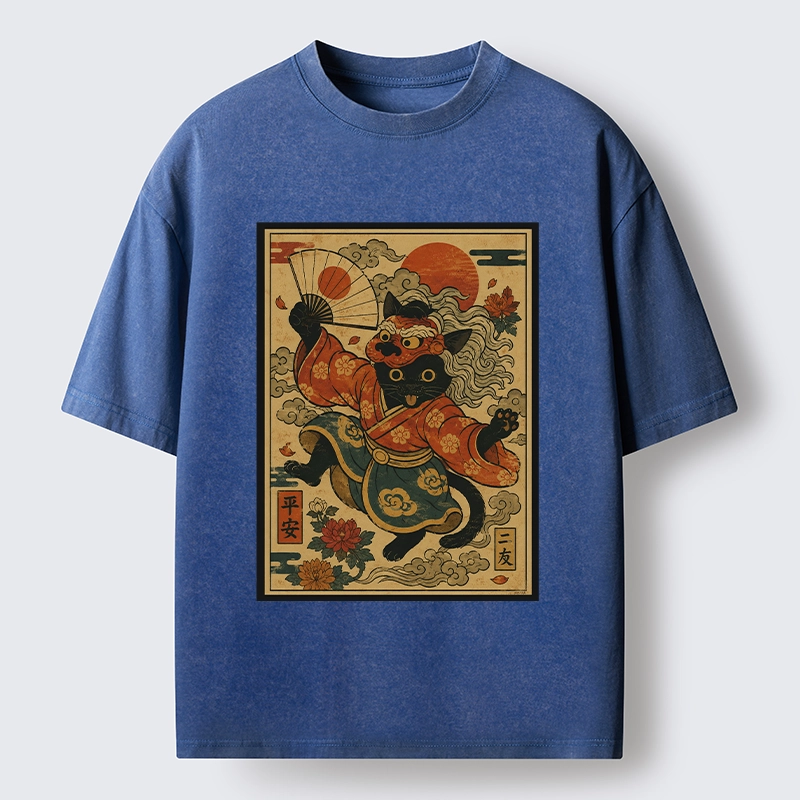 Tokyo-Tiger Kimono Cat Fan Peony Lucky Peace Print Washed T-Shirt