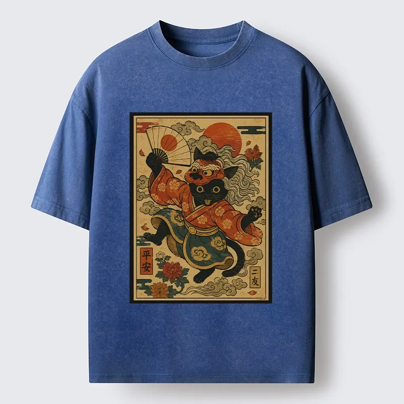Tokyo-Tiger Kimono Cat Fan Peony Lucky Peace Print Washed T-Shirt