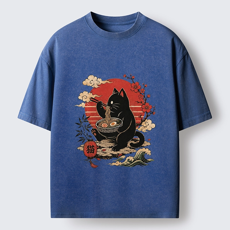 Tokyo-Tiger Black Cat Eating Ramen Cherry Blossom Art Washed T-Shirt