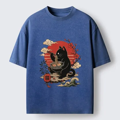 Tokyo-Tiger Black Cat Eating Ramen Cherry Blossom Art Washed T-Shirt