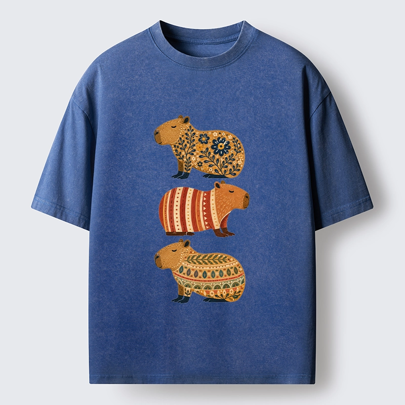 Tokyo-Tiger Folk Floral Striped Capybara Trio Print Washed T-Shirt