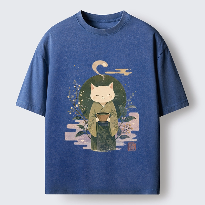 Tokyo-Tiger Soft Green Zen Cat Tea Blossom Stamp Art Washed T-Shirt