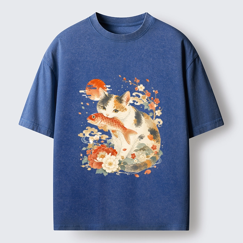 Tokyo-Tiger Traditional Japanese Cat Koi Bloom Art Washed T-Shirt