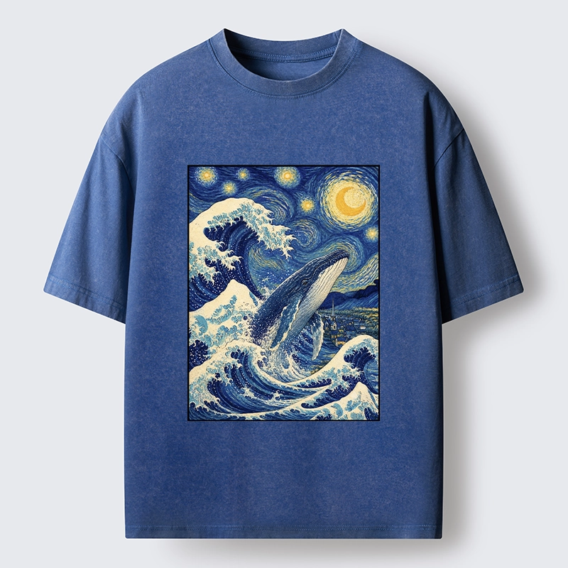 Tokyo-Tiger Starry Wave Whale Classic Art Mix Washed T-Shirt