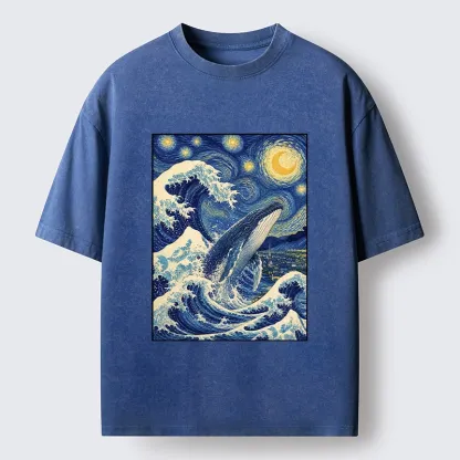 Tokyo-Tiger Starry Wave Whale Classic Art Mix Washed T-Shirt