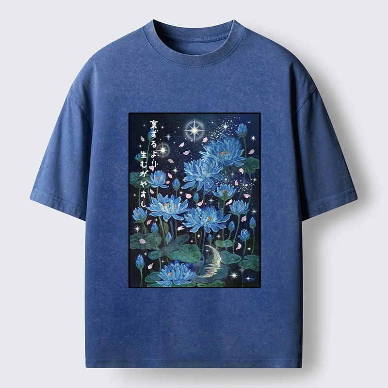 Tokyo-Tiger Night Lotus Star Soft Zen Graphic Washed T-Shirt
