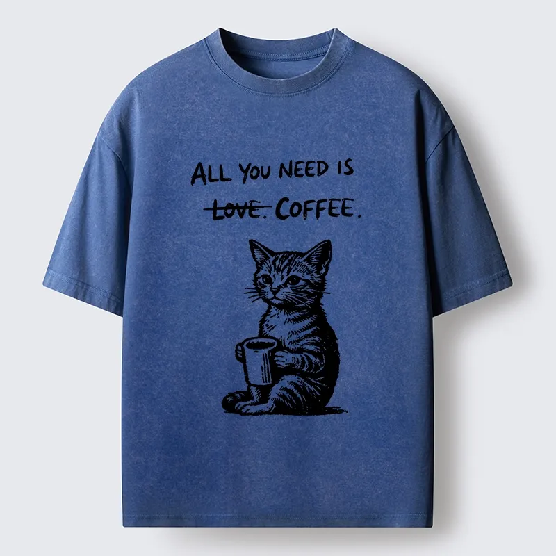 Tokyo-Tiger Cute Cat Coffee Daily Happy Vibe Washed T-Shirt