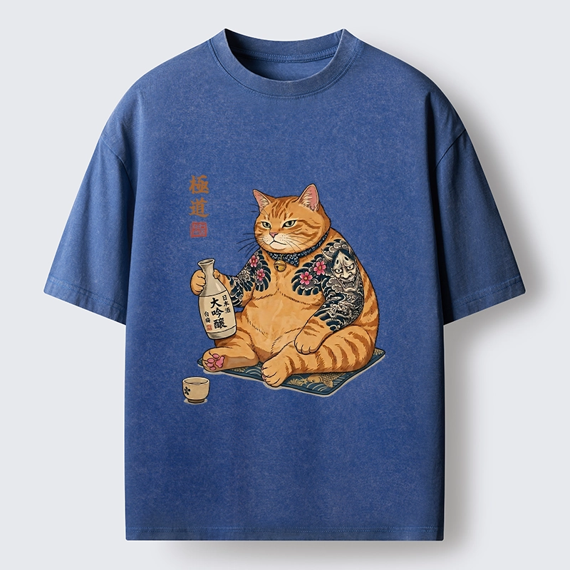Tokyo-Tiger Traditional Japanese Cat Sake Tee Washed T-Shirt
