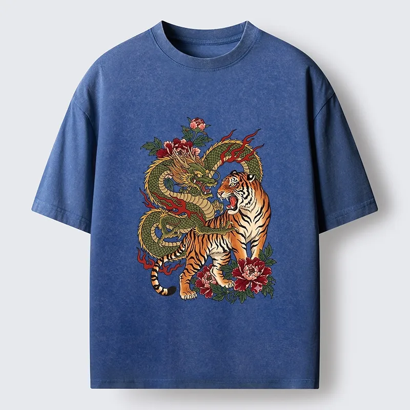 Tokyo-Tiger Vintage Asian Dragon Tiger Floral Vibe Washed T-Shirt