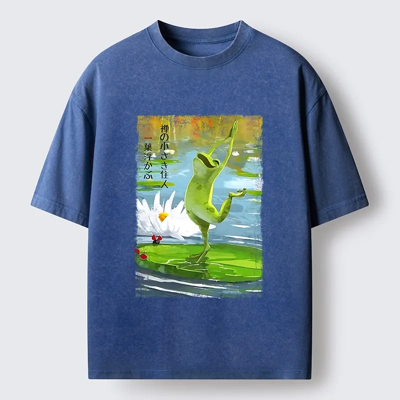 Tokyo-Tiger Yoga Frog Lotus Zen Funny Meme Washed T-Shirt
