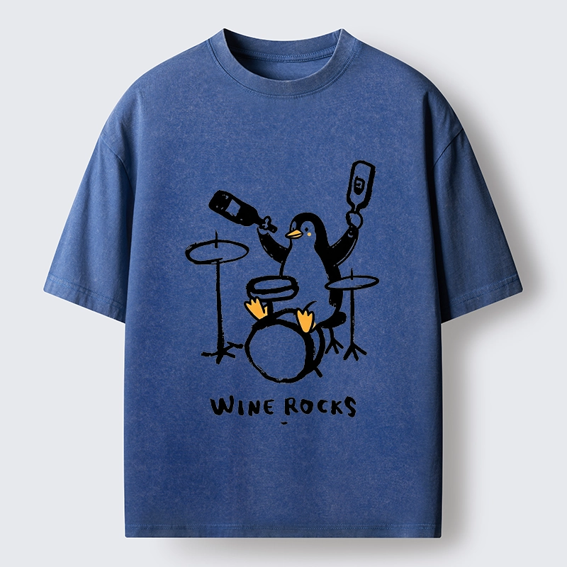 Tokyo-Tiger Cute Penguin Play Drum Drink Wine Print Washed T-Shirt