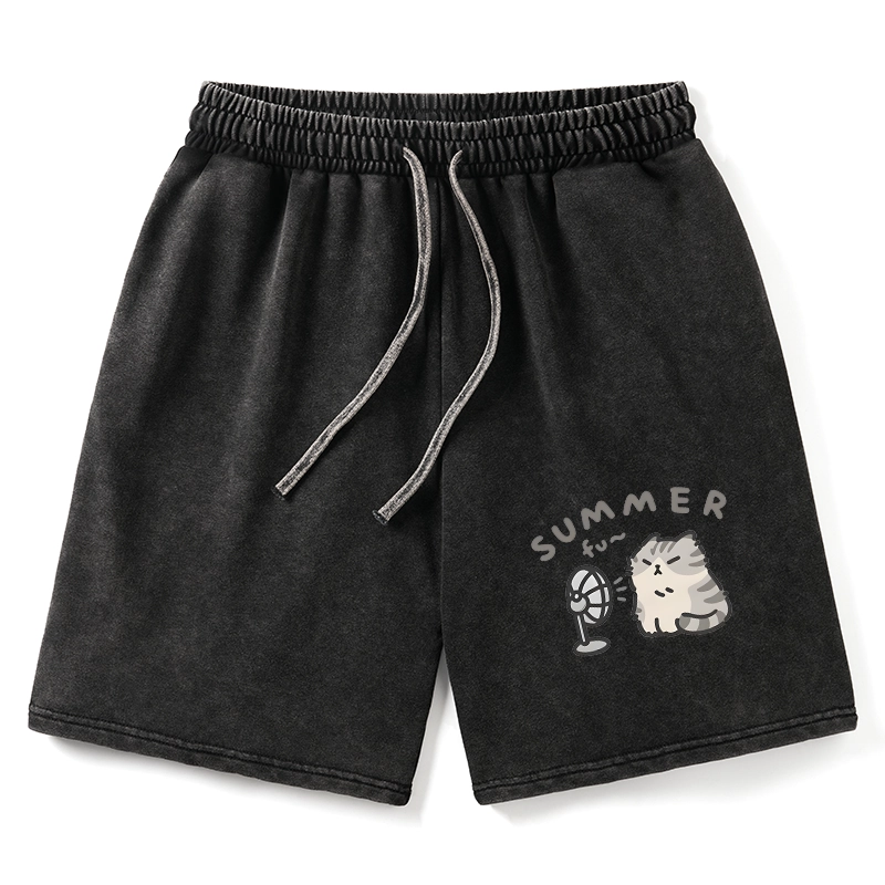 Tokyo-Tiger Summer Cat Chills With A Fan Washed Shorts