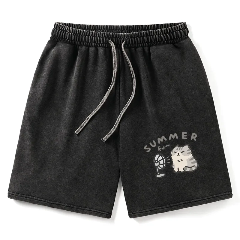 Tokyo-Tiger Summer Cat Chills With A Fan Washed Shorts Sale