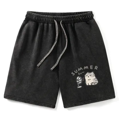 Tokyo-Tiger Summer Cat Chills With A Fan Washed Shorts