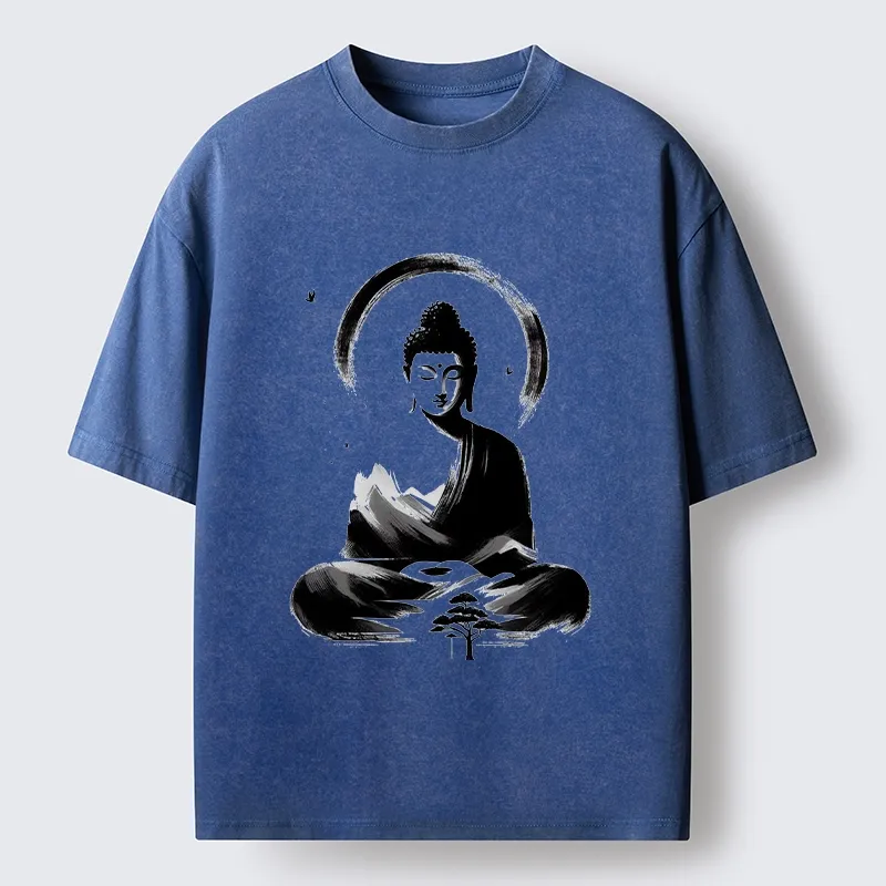Tokyo-Tiger Serene Mountain Buddha Zen Art Washed T-Shirt