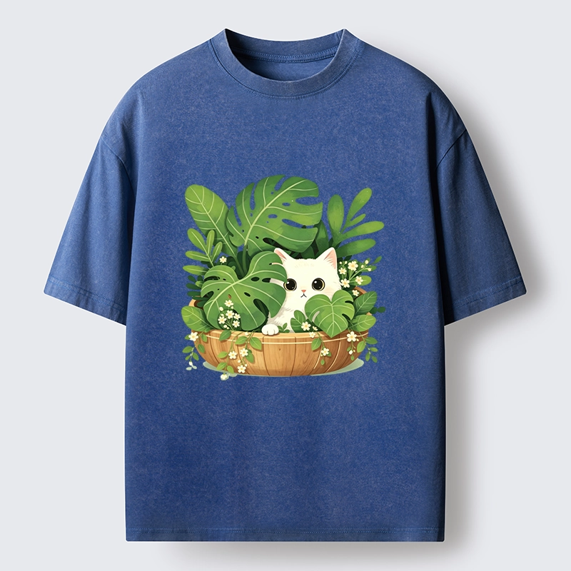 Tokyo-Tiger Sweet White Cat Green Plant Vibe Washed T-Shirt