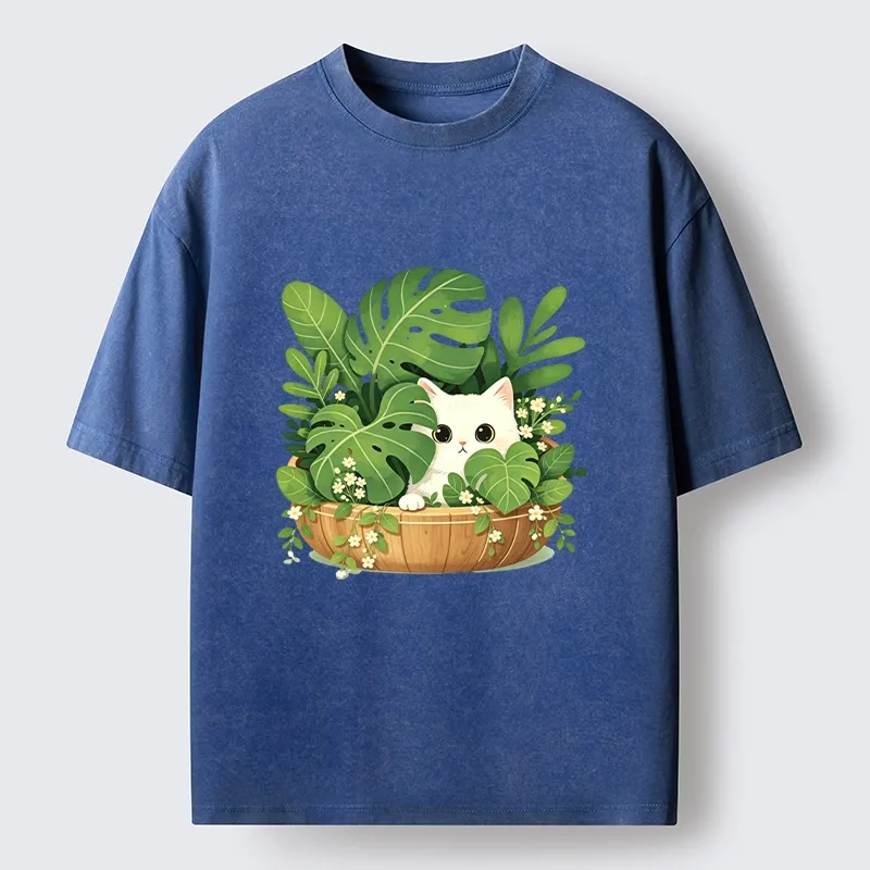 Tokyo-Tiger Sweet White Cat Green Plant Vibe Washed T-Shirt