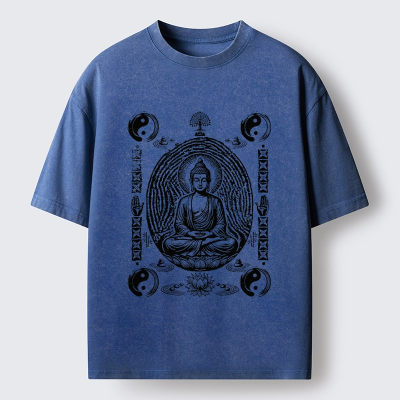 Tokyo-Tiger Minimal Spiritual Buddha Ink Art Washed T-Shirt