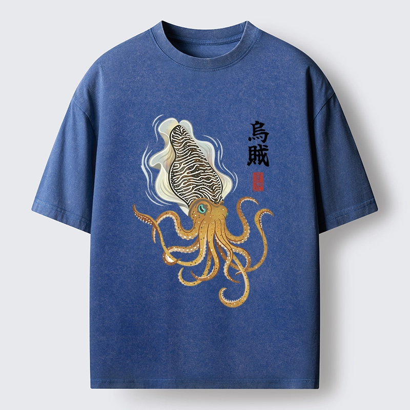 Tokyo-Tiger Ink Style Cuttlefish Japan Art Washed T-Shirt