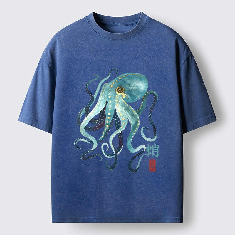 Tokyo-Tiger Soft Watercolor Octopus Japanese Art Washed T-Shirt