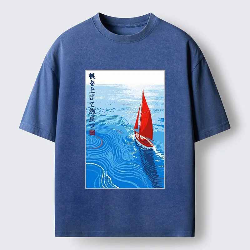 Tokyo-Tiger Bright Blue Sea Sail Journey Art Washed T-Shirt