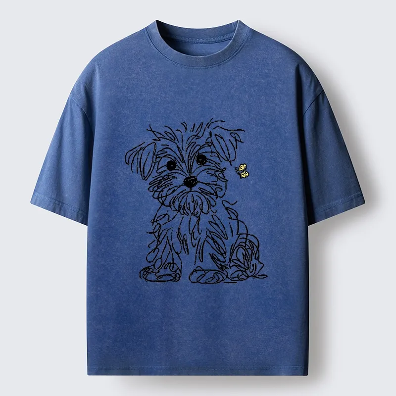 Tokyo-Tiger Simple Line Dog Tiny Butterfly Washed T-Shirt