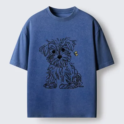 Tokyo-Tiger Simple Line Dog Tiny Butterfly Washed T-Shirt