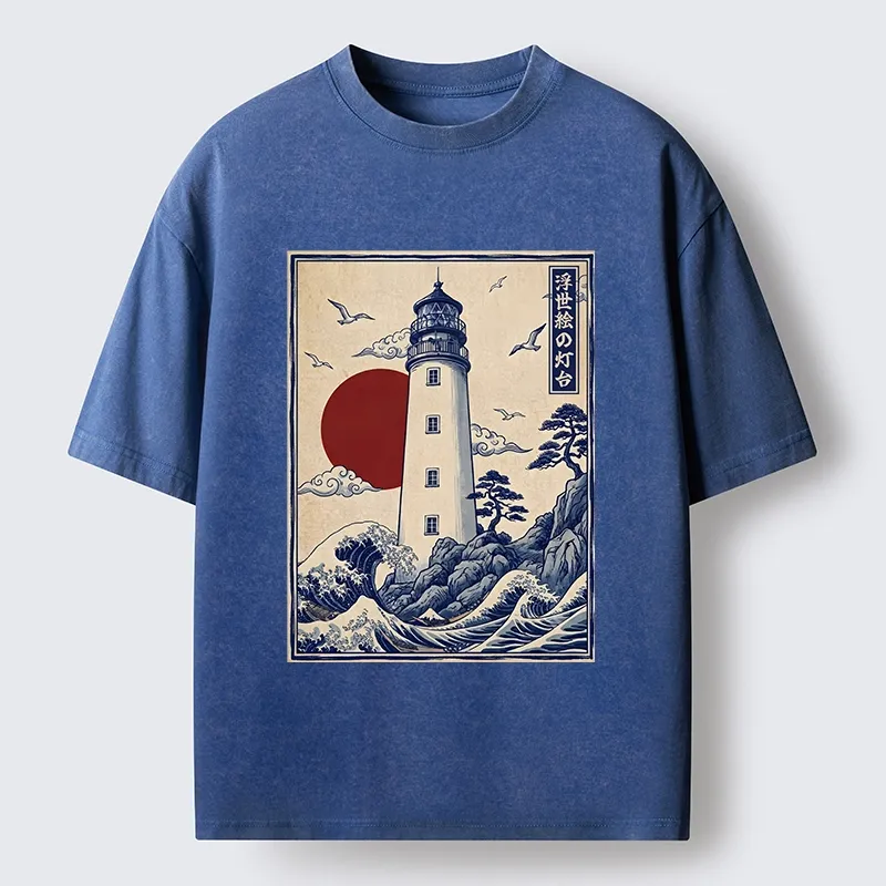 Tokyo-Tiger Classic Wave Lighthouse Sunrise Print Washed T-Shirt