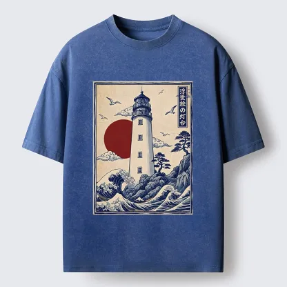 Tokyo-Tiger Classic Wave Lighthouse Sunrise Print Washed T-Shirt